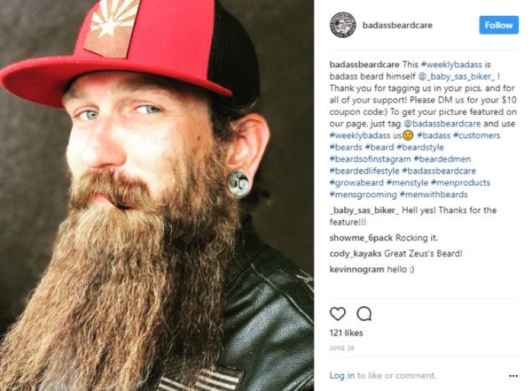 Khách hàng chia sẻ trải nghiệm sản phẩm chăm sóc râu Badass Beard Care trên Instagram, minh chứng cho sức mạnh của nội dung do người dùng tạo.