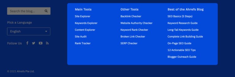 Liên kết module ở chân trang của Ahrefs