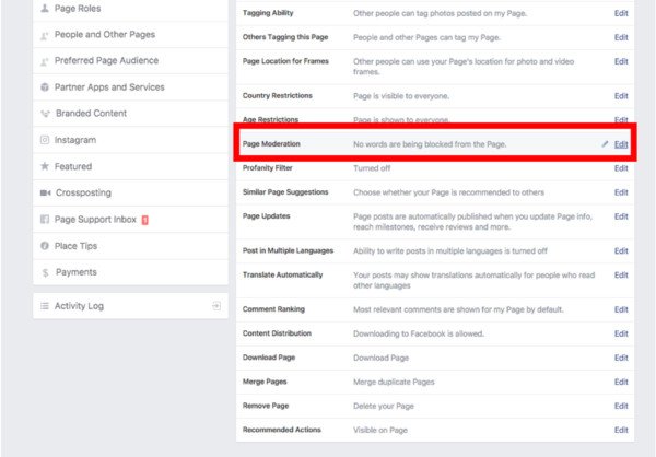 Lựa chọn tính năng "Kiểm duyệt Trang" để quản lý bình luận trên Facebook.