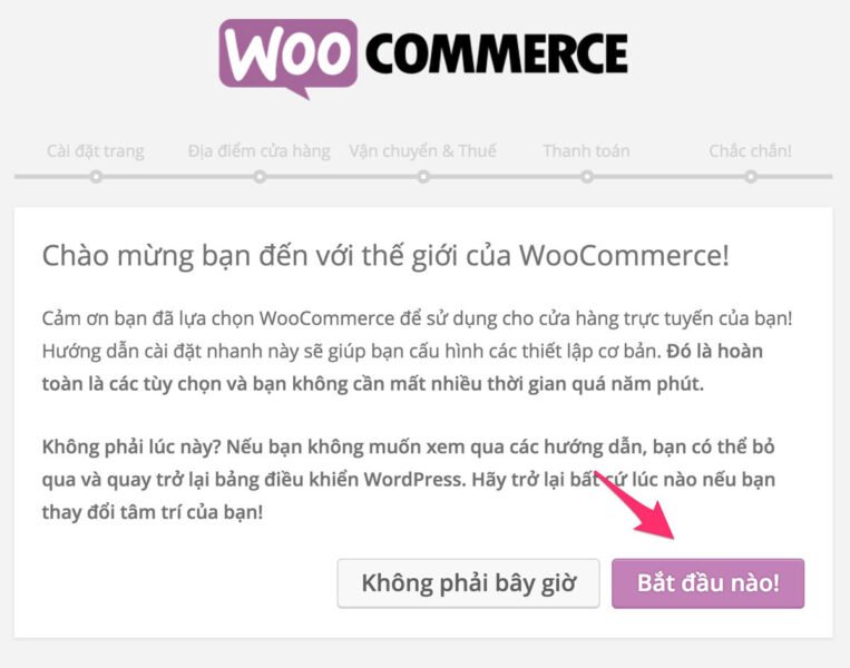 Màn hình cấu hình ban đầu của WooCommerce sau khi cài đặt
