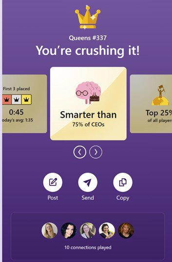 Màn hình chia sẻ kết quả game trên LinkedIn (Queens), cho phép người dùng dễ dàng đăng tải, gửi hoặc sao chép thành tích, tăng cường tương tác xã hội.