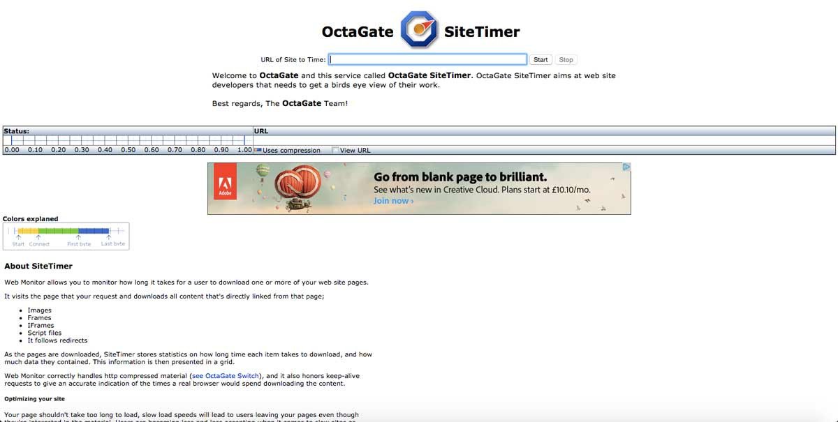 Màn hình công cụ OctaGate SiteTimer hiển thị kết quả kiểm tra thời gian tải trang.