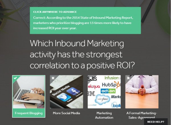 Màn hình hiển thị phản hồi và kết quả sau khi hoàn thành một bài quiz marketing, cho thấy thông tin chi tiết và khuyến khích chia sẻ.