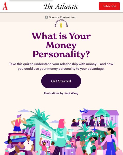Màn hình mở đầu đầy màu sắc của bài kiểm tra tương tác Your Money Personality từ Ally Financial, hiển thị các lựa chọn liên quan đến tài chính cá nhân.