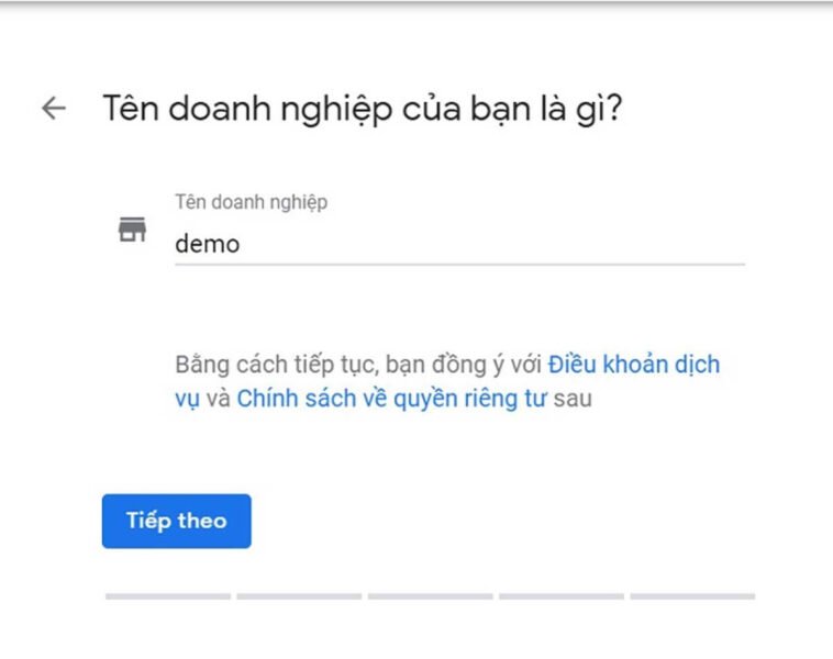 Màn hình nhập tên doanh nghiệp khi đăng ký Google My Business