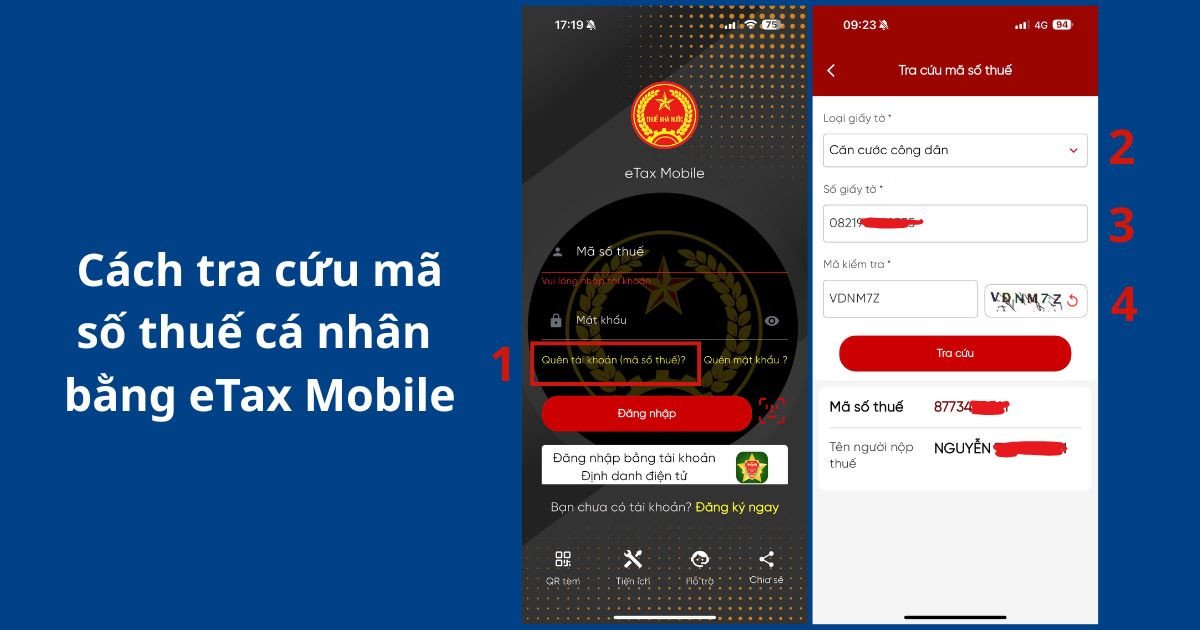 Màn hình ứng dụng eTax Mobile khi tra cứu mã số thuế cá nhân bằng CCCD