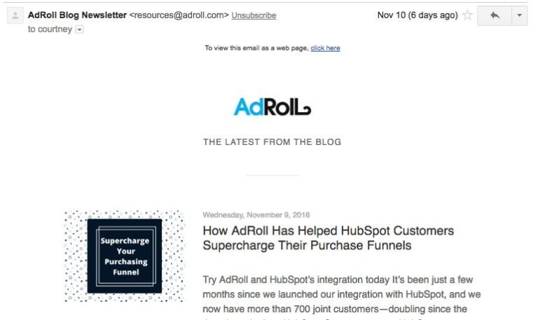 Mẫu bản tin email AdRoll để quảng bá bài viết blog