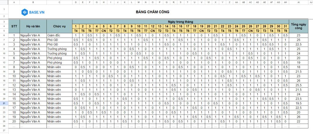 Mẫu bảng chấm công chi tiết