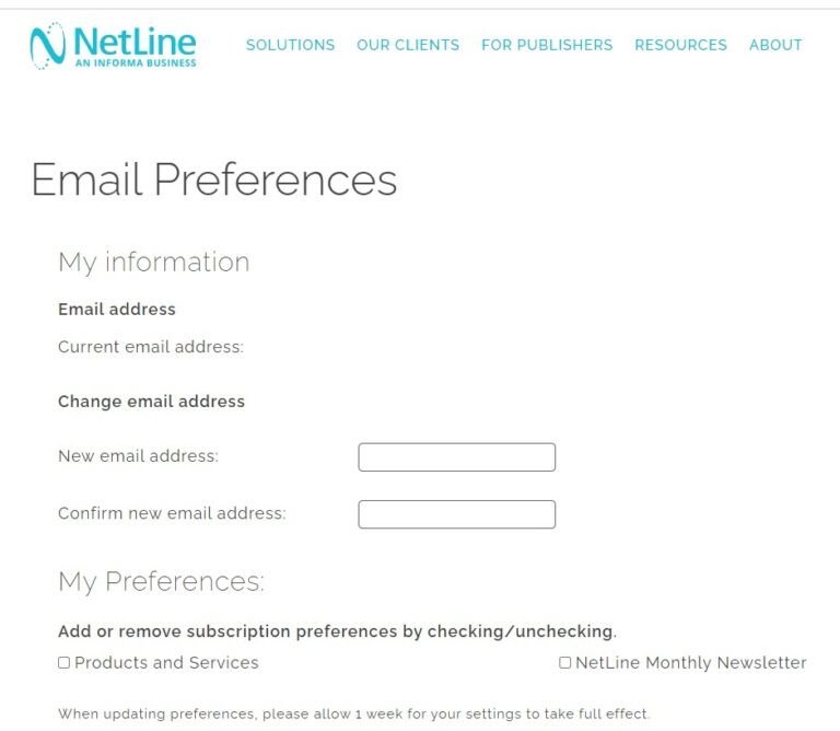 Mẫu form hủy đăng ký của NetLine với tùy chọn thay đổi địa chỉ email và quản lý sở thích đăng ký, thể hiện chiến lược tối ưu hóa trải nghiệm người dùng trong marketing.