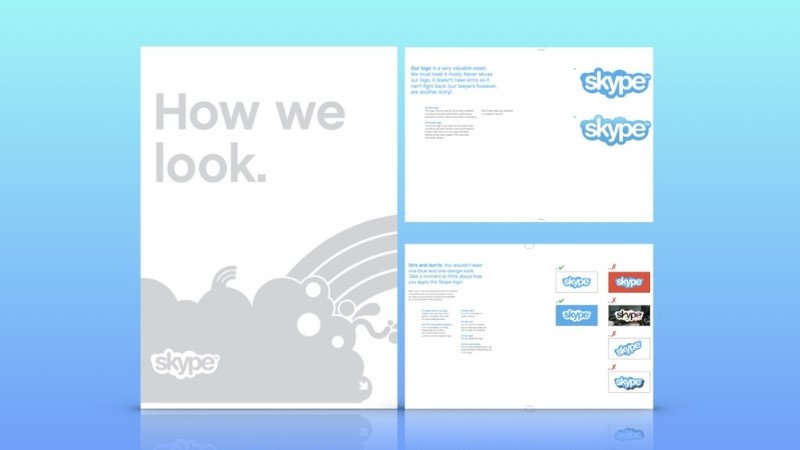 Minh họa Brand Guidelines của Skype tập trung vào đặc điểm sản phẩm và cách ứng dụng nhận diện thương hiệu.