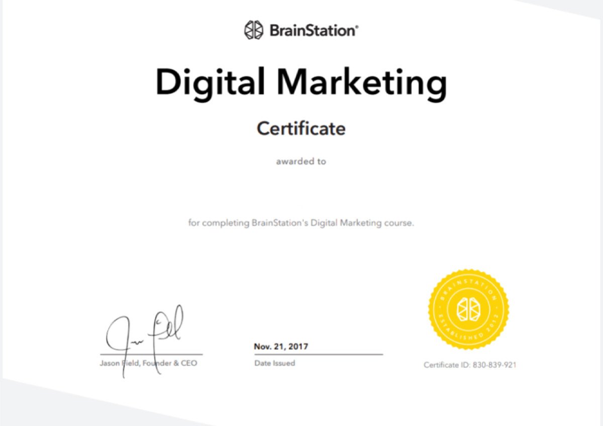 Minh họa chứng chỉ Digital Marketing của BrainStation, được công nhận rộng rãi