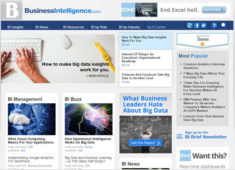 Minh họa giao diện trang web business intelligence, nơi chia sẻ kiến thức chuyên sâu, là một ví dụ về điểm đến content marketing.