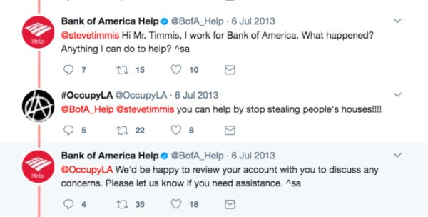 Minh họa việc Bank of America sử dụng phản hồi tự động trên Twitter gây bức xúc cho khách hàng.