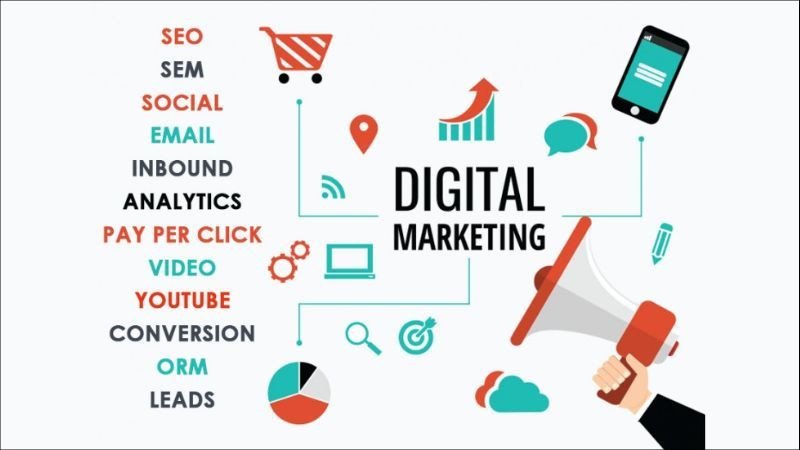 Mô tả hình ảnh: Biểu đồ trực tuyến và các biểu tượng kỹ thuật số như máy tính xách tay, điện thoại thông minh, biểu tượng mạng xã hội, tượng trưng cho các kênh Digital Marketing.