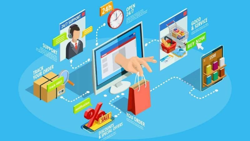 Mô tả hình ảnh: Một người phụ nữ đang sắp xếp sản phẩm trên kệ siêu thị, xung quanh có nhiều sản phẩm và biển quảng cáo, tượng trưng cho hoạt động Trade Marketing tại điểm bán.