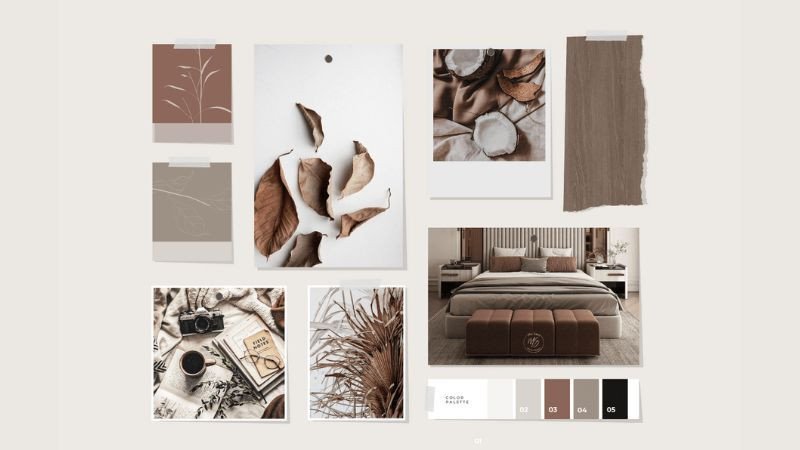 Moodboard dành cho thiết kế phòng ngủ, tập trung vào không gian ấm cúng và màu sắc dịu nhẹ
