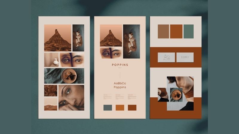 Moodboard thiết kế thời trang hiện đại với bảng màu và chất liệu vải
