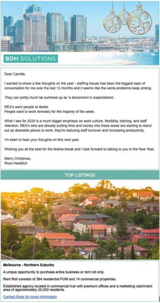 Một bản tin email về bất động sản từ BDH Solutions hiển thị hình ảnh khu đất ven sông với các danh sách tài sản nổi bật, minh họa tính dễ đọc và bố cục rõ ràng của bản tin.