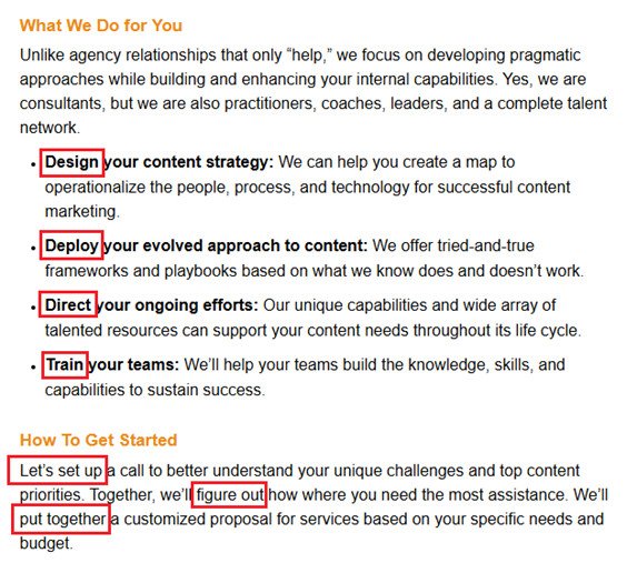Một trang dịch vụ tư vấn của Content Marketing Institute sử dụng nhiều cụm từ mạnh mẽ như "hãy cùng thiết lập", "tìm ra", "tập hợp lại", cùng với các động từ chủ động để mô tả dịch vụ.