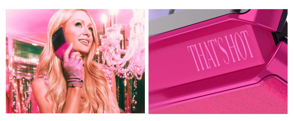 Paris Hilton với điện thoại Motorola Razr hồng, minh họa **xu hướng hoài niệm** thập niên 2000 trong **marketing hình ảnh**.