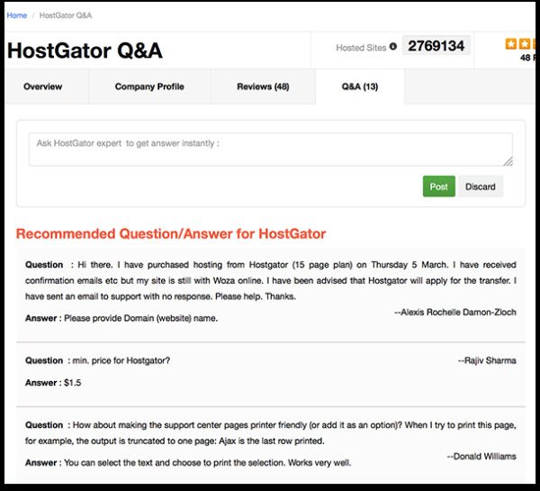 Phần hỏi đáp của khách hàng trên SiteGeek về dịch vụ hosting