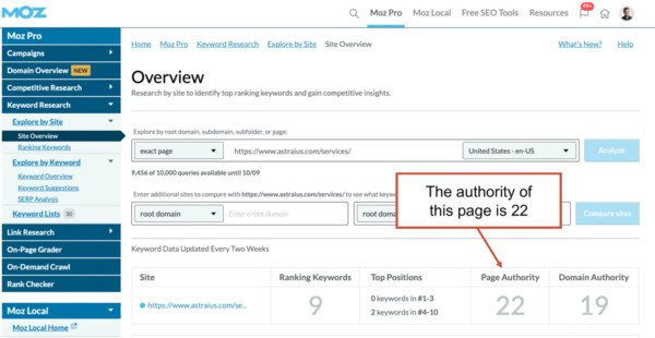 Phân tích điểm Page Authority và Domain Authority trên Moz Pro cho trang dịch vụ phóng vệ tinh, minh họa tầm quan trọng của thẩm quyền tên miền trong tối ưu SEO.