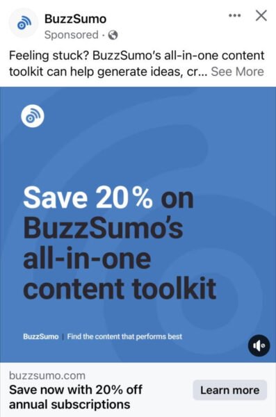 Quảng cáo BuzzSumo với ưu đãi giảm giá 20% cho gói đăng ký hàng năm và nút kêu gọi hành động.