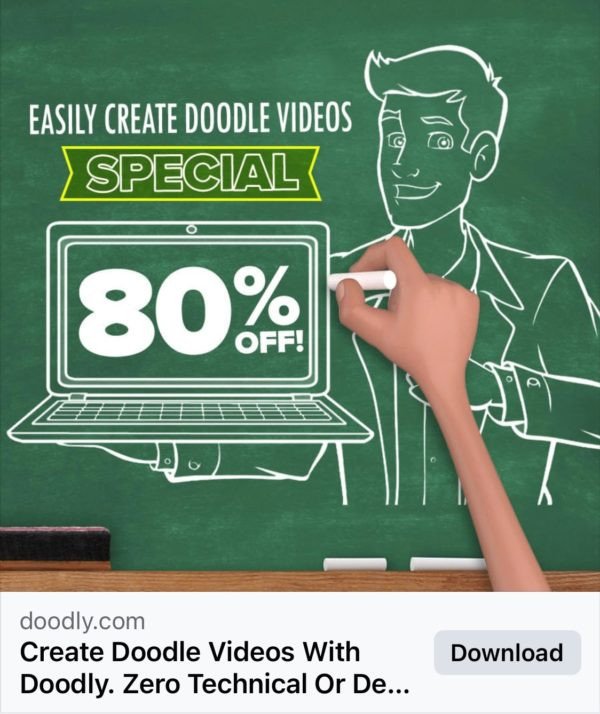 Quảng cáo Doodly với lời kêu gọi hành động bị cắt mất chữ trên Facebook, gây khó hiểu cho người dùng.