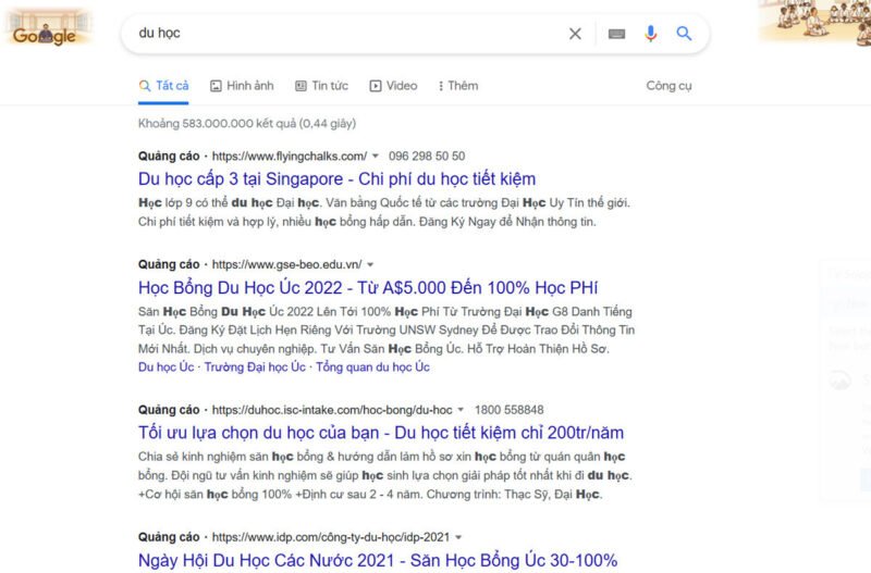 Quảng cáo Google Search hiển thị trên trang kết quả tìm kiếm của Google