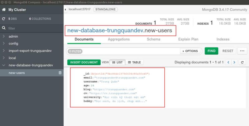 Sơ đồ minh họa các thuật ngữ cơ bản trong hệ quản trị MongoDB