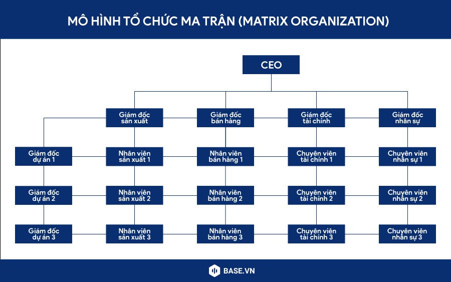 Sơ đồ minh họa mô hình tổ chức ma trận kết hợp chức năng và dự án