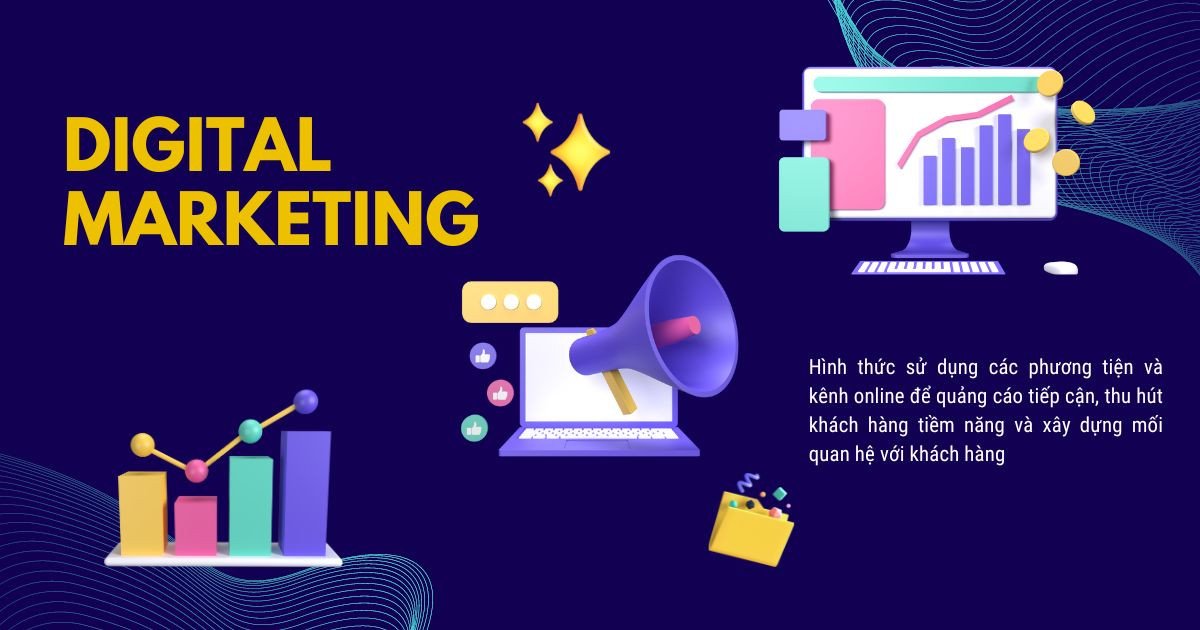 Sơ đồ tổng quan về Digital Marketing, bao gồm SEO, SEM, Content Marketing, và Social Media, tạo nên bức tranh toàn diện về tiếp thị kỹ thuật số.