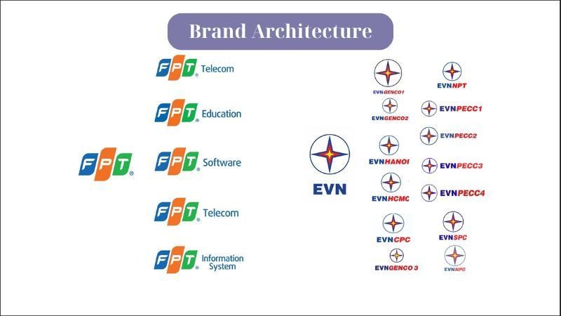 Sơ đồ ví dụ về Brand Architecture (kiến trúc thương hiệu) của FPT và EVN