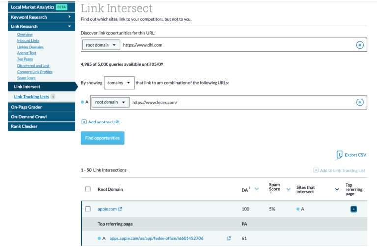 So sánh Liên kết với Moz Link Intersect