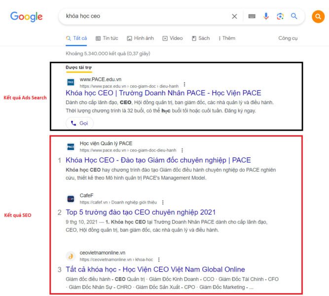 Sự khác biệt giữa kết quả SEO tự nhiên và quảng cáo trả phí trên Google Search