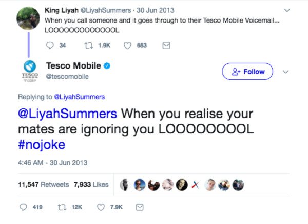 Tesco đáp trả hài hước một bình luận đùa cợt trên Twitter, tăng cường hình ảnh thương hiệu tích cực.