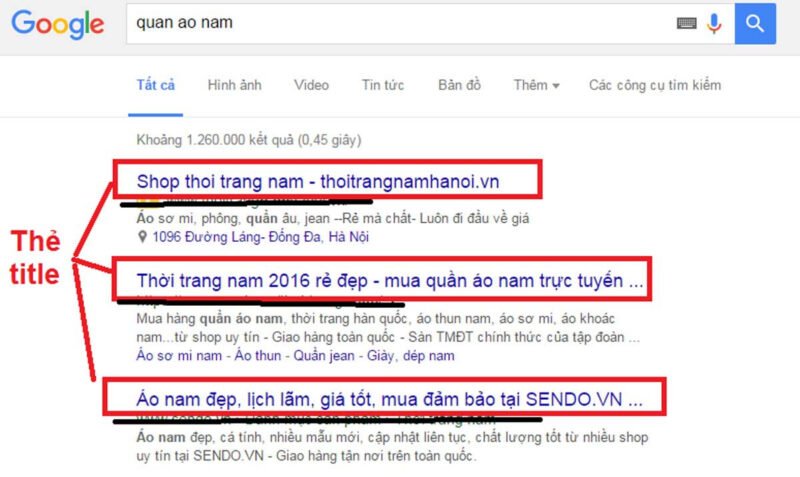 Thẻ tiêu đề Title chuẩn SEO hiển thị trên kết quả tìm kiếm Google