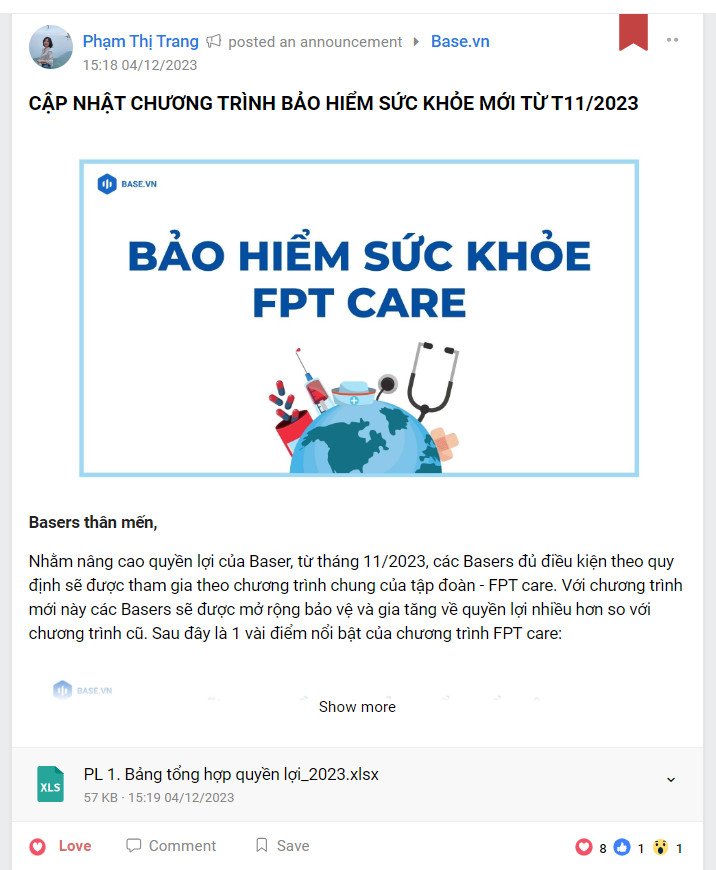 Thông báo chính sách phúc lợi mới trên nền tảng truyền thông nội bộ doanh nghiệp