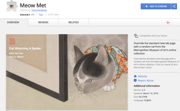 Tiện ích Meow Met Chrome của Bảo tàng Nghệ thuật Metropolitan hiển thị hình ảnh mèo từ bộ sưu tập.