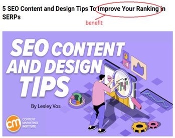 Tiêu đề bài viết hứa hẹn 5 mẹo SEO và thiết kế nội dung để cải thiện thứ hạng trên SERPs.