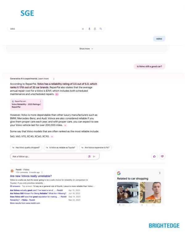 Trải nghiệm tìm kiếm tạo sinh (SGE) của Google với phần tóm tắt AI từ RepairPal, cho thấy cách **AI tổng hợp thông tin** để trả lời truy vấn