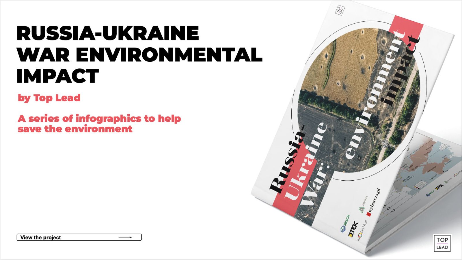 Trang bìa của cuốn sách "Russia-Ukraine War Environmental Impact" của Top Lead, minh họa tác động môi trường của xung đột qua hình ảnh vệ tinh.