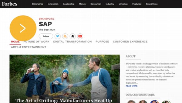 Trang BrandVoice của SAP trên Forbes, hiển thị các bài viết tài trợ.
