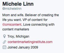 Trang cá nhân Twitter của Michele Linn, phó chủ tịch nội dung CMI, thể hiện thông tin cá nhân và định hướng sự nghiệp.