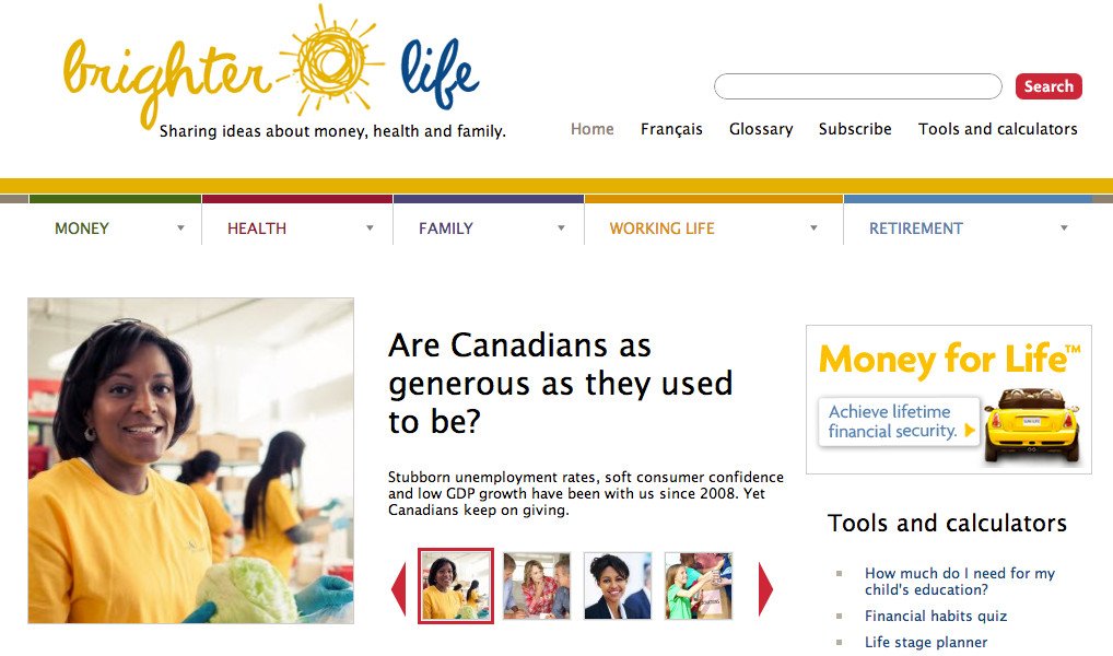 Trang chủ Brighter Life của Sun Life Financial, một tạp chí số doanh nghiệp tập trung vào lối sống.
