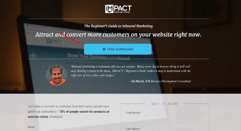 Trang đích của iMPACT trước khi cá nhân hóa, sử dụng nút CTA "Tải xuống miễn phí" chung chung, chưa tối ưu cho người dùng.