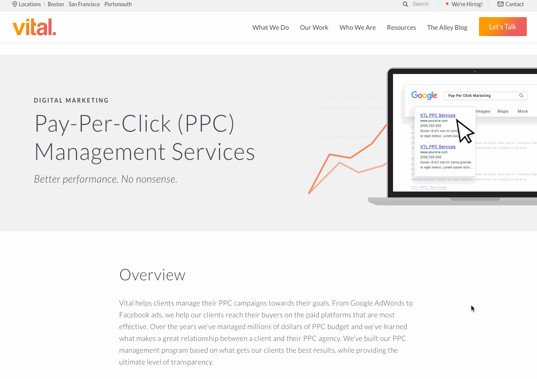 Trang Pillar Page dịch vụ quản lý PPC của Vital, trình bày chi tiết các gói dịch vụ.