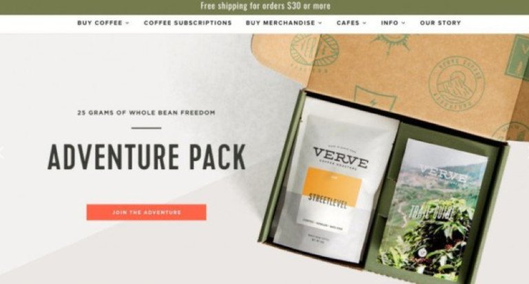 Trang sản phẩm "Adventure Pack" với thông điệp không rõ ràng, khiến người dùng khó nhận diện sản phẩm cà phê và nút kêu gọi hành động.
