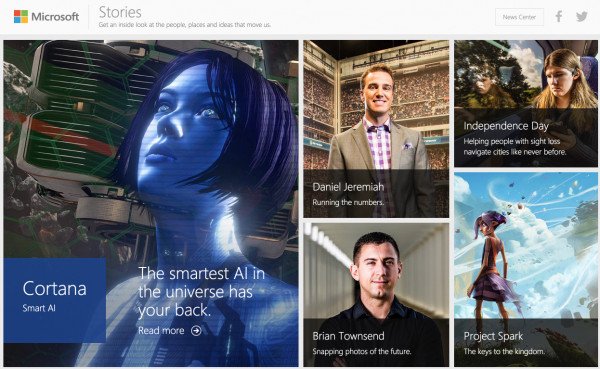 Trang "Stories" của Microsoft, tập trung vào các câu chuyện con người và cộng đồng, là minh chứng cho content marketing dựa trên kể chuyện.