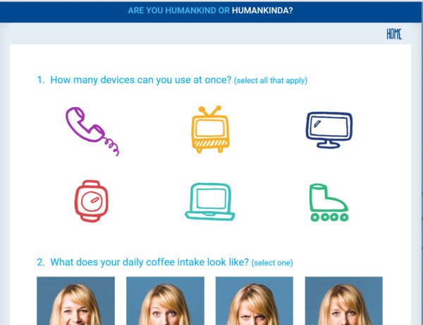 Trang web HumanKinda của JetBlue với bài kiểm tra mức độ "bận rộn" của người dùng.
